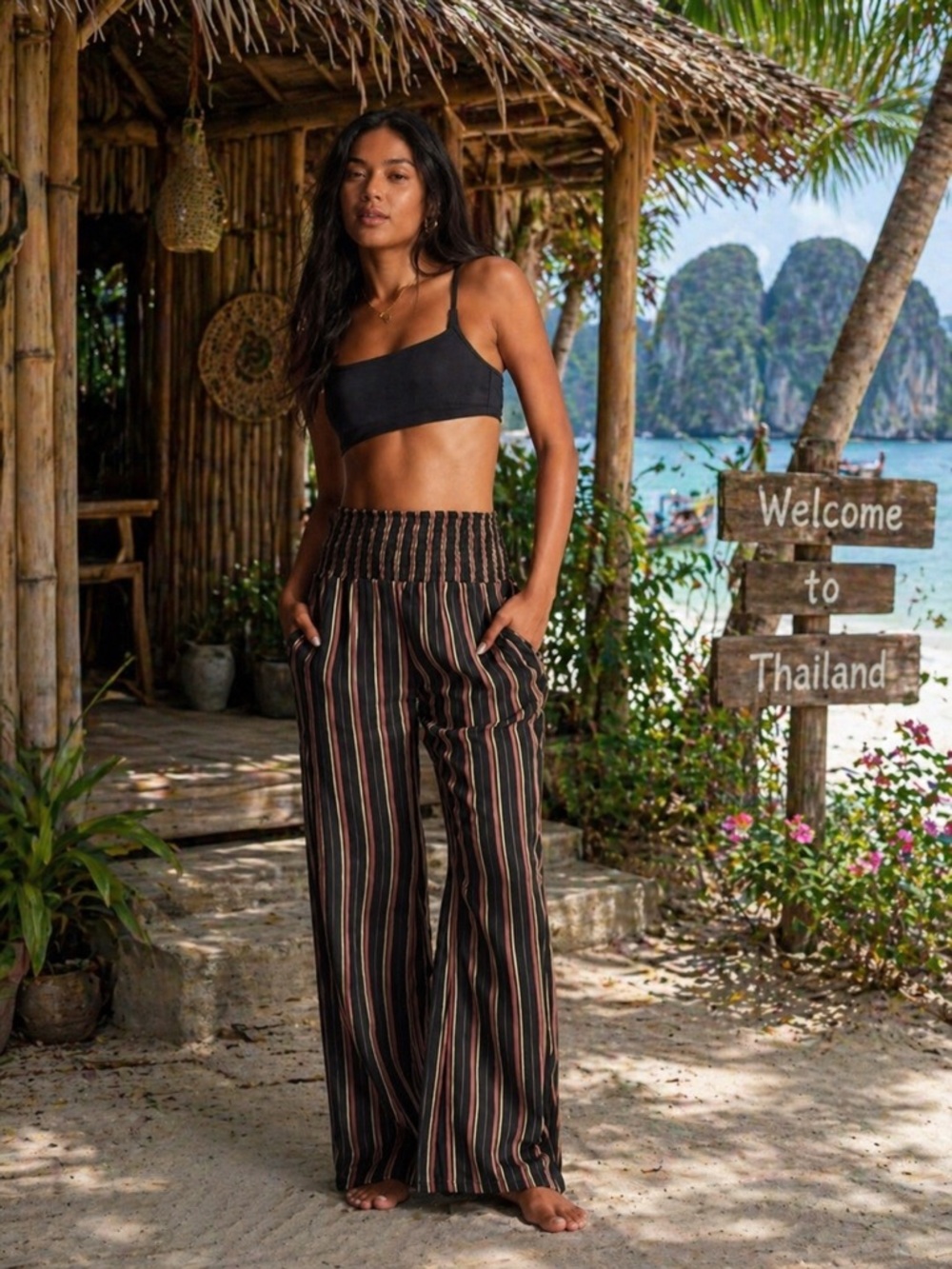Billabong Juniors’ Size L New Waves 2 Striped Wide Leg Pants in Black